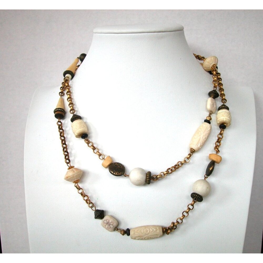 Handcrafted Long Chain Necklace With Wooden & Carved Beads 38 inches